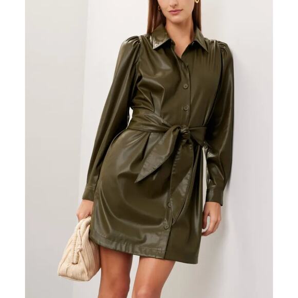 Peter Som Olive Green Faux Leather Mini Shirt Dress SIze 12 Career Designer $355 - Picture 1 of 13